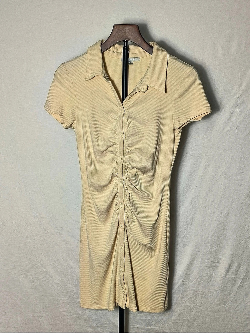 Love Tree M Cream Ribbed Ruched Button Front Bodycon Mini Dress